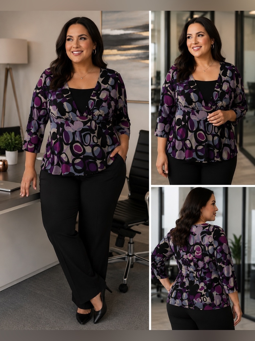Briggs New York 1X Purple Black Geometric Blouse Business Casual Top